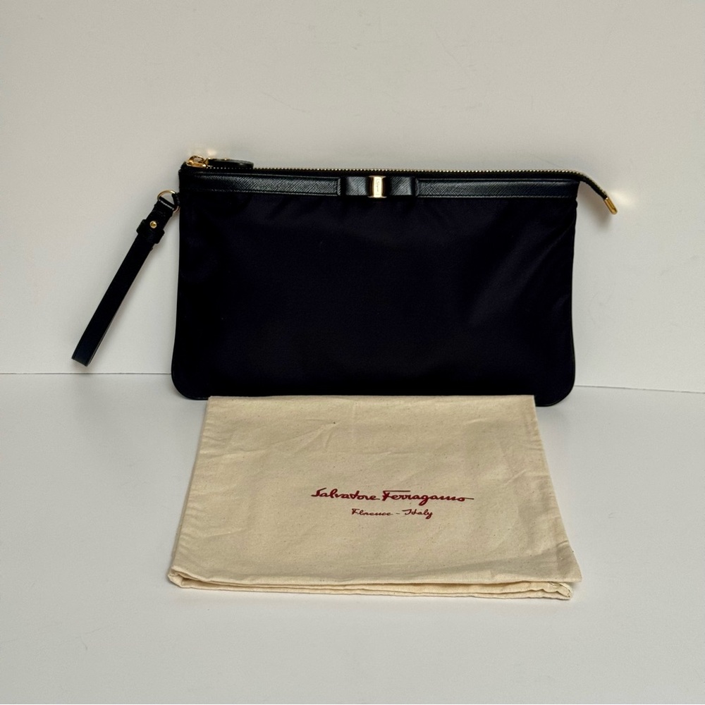 Salvatore Ferragamo Vara Bow Black Nylon with Leather Trim Wristlet Clutch